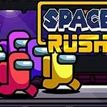 Personajes coloridos con cascos corriendo debajo de un letrero que dice Space Rush