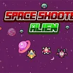 Fondo espacial con planetas y naves pixeladas, junto a un texto en colores rojo y verde