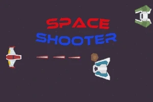 Naves espaciales disparando con texto Space Shooter en colores rojo y azul sobre un fondo oscuro