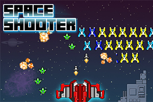 Nave espacial roja disparando a formaciones de alienígenas coloridos en un fondo estrellado, con el texto Space Shooter en la esquina superior izquierda