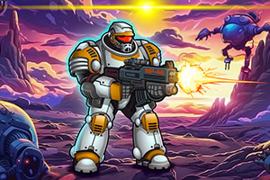 Un soldado con armadura futurista y un arma en un paisaje alienígena con robots flotantes y un atardecer colorido de fondo