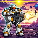 Un soldado con armadura futurista y un arma en un paisaje alienígena con robots flotantes y un atardecer colorido de fondo