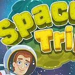 Un astronauta sonriente aparece en el espacio con planetas de fondo y letras grandes y coloridas que dicen Space Trip