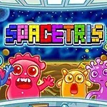 Coloridos alienígenas caricaturescos sonriendo con un fondo espacial y letras al estilo de bloques de colores brillantes