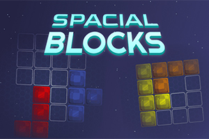 Texto Spacial Blocks sobre bloques de colores rojo, azul y amarillo en fondo espacial oscuro