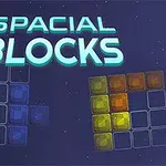 Texto Spacial Blocks sobre bloques de colores rojo, azul y amarillo en fondo espacial oscuro