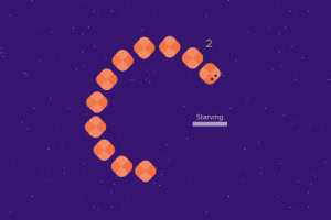 Serpiente naranja en forma de C sobre un fondo morado con puntos brillantes, acompañada de un indicador de número y barra de starving
