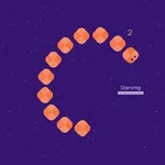 Serpiente naranja en forma de C sobre un fondo morado con puntos brillantes, acompañada de un indicador de número y barra de starving