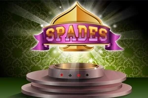 Logotipo dorado con la palabra SPADES en una cinta morada sobre un pedestal iluminado