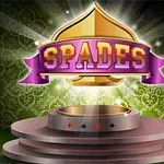 Logotipo dorado con la palabra SPADES en una cinta morada sobre un pedestal iluminado