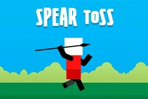 Personaje cuadrado con ropa roja lanzando una lanza en un fondo de paisajes verdes y cielo azul, con el texto Spear Toss arriba
