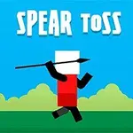 Personaje cuadrado con ropa roja lanzando una lanza en un fondo de paisajes verdes y cielo azul, con el texto Spear Toss arriba