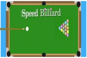 Mesa de billar con bolas en formación de triángulo y el texto Speed Billiard