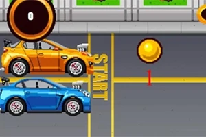 Dos coches de carreras, uno naranja y otro azul, están alineados sobre una pista gris en la línea de salida con un semáforo y una moneda dorada visible