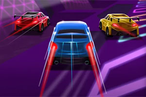 Tres autos deportivos en colores azul, rojo y amarillo, emitiendo luces traseras brillantes mientras avanzan por una pista de neón púrpura