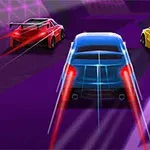 Tres autos deportivos en colores azul, rojo y amarillo, emitiendo luces traseras brillantes mientras avanzan por una pista de neón púrpura