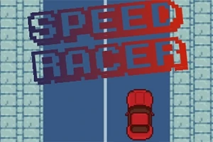 Auto rojo en carretera con el texto Speed Racer en estilo pixel art