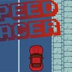 Auto rojo en carretera con el texto Speed Racer en estilo pixel art