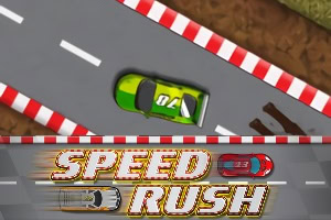 Coche verde de carreras en una pista con bordes rojo y blanco sobre fondo de tierra, con SPEED RUSH en la parte inferior