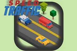 Ilustración isométrica de una carretera con un coche de policía, una camioneta roja y un taxi amarillo, rodeados de árboles geométricos, con el texto Speed Traffic en la parte superior