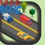 Ilustración isométrica de una carretera con un coche de policía, una camioneta roja y un taxi amarillo, rodeados de árboles geométricos, con el texto Speed Traffic en la parte superior