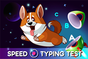 Un perro de raza corgi corre felizmente mientras letras flotan alrededor en un fondo colorido y dinámico
