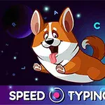 Un perro de raza corgi corre felizmente mientras letras flotan alrededor en un fondo colorido y dinámico
