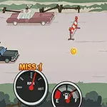 Carretera con dos coches, un obstáculo de tráfico y un medidor de gasolina junto a un velocímetro en la parte inferior