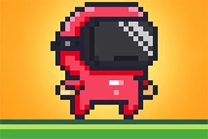 Personaje pixelado en traje rojo con casco negro sobre un fondo amarillo