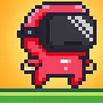 Personaje pixelado en traje rojo con casco negro sobre un fondo amarillo