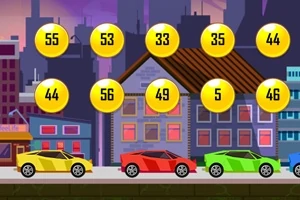 Coches de colores brillantes en una ciudad al atardecer con monedas numeradas flotando encima