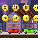 Coches de colores brillantes en una ciudad al atardecer con monedas numeradas flotando encima