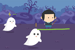 Personaje animado en un paisaje oscuro enfrentándose a dos fantasmas