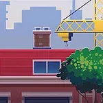 Personaje con traje rojo y azul corriendo sobre un edificio con fondo de ciudad y grúa amarilla