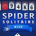 Cartas de juego solitario con el texto Spider Solitaire Blue sobre un fondo azul con un dibujo de telaraña y una araña