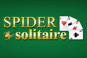 Texto dorado con la palabra SPIDER solitaire sobre un fondo verde, acompañado de un conjunto de cartas con símbolos de corazones, diamantes y tréboles