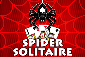 Una araña negra con un símbolo de pica en su espalda cuelga sobre cartas de juego Jack y Rey de espadas en un fondo rojo con patrón de telaraña
