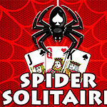 Una araña negra con un símbolo de pica en su espalda cuelga sobre cartas de juego Jack y Rey de espadas en un fondo rojo con patrón de telaraña