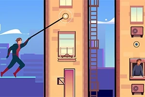 Una figura humana en traje rojo y azul balanceándose entre edificios usando una cuerda