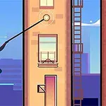 Una figura humana en traje rojo y azul balanceándose entre edificios usando una cuerda