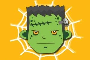 Cara de Frankenstein dibujada de manera caricaturesca con fondo de telaraña y color naranja