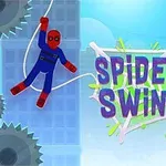 Personaje disfrazado de superhéroe columpiándose entre edificios con el texto SPIDEY SWING en el centro y sierras en las esquinas