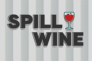 Texto Spill Wine con imagen de una copa de vino rojo en un fondo de rayas grises y blancas