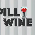 Texto Spill Wine con imagen de una copa de vino rojo en un fondo de rayas grises y blancas