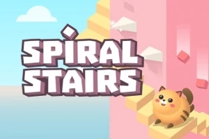 Un gatito caricaturesco subiendo escaleras en espiral con el texto grande Spiral Stairs en el fondo