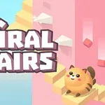 Un gatito caricaturesco subiendo escaleras en espiral con el texto grande Spiral Stairs en el fondo