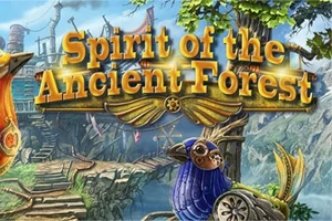 Título dorado Spirit of the Ancient Forest sobre un paisaje boscoso con árboles, puentes antiguos y un pájaro metálico decorativo