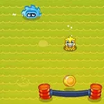 Personaje amarillo y azul sobre un fondo verde con líneas onduladas y un objeto dorado con elementos rojos y azules en la parte inferior