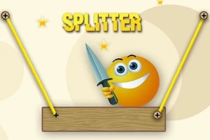 Un emoji naranja sonriente sosteniendo un cuchillo sobre una plataforma de madera con la palabra Splitter en la parte superior