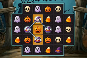 Spooky Chains Panel de juego con íconos de calabazas, fantasmas, calaveras, sombreros de bruja y dulces en un entorno de bosque oscuro